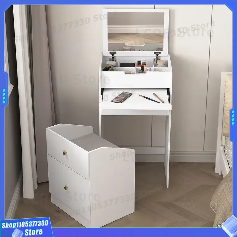 Modern Minimalist Makeup Table With Flip Up Mirror Small Vanity Desk For Bedroom Integrated Storage Nightstand Compact