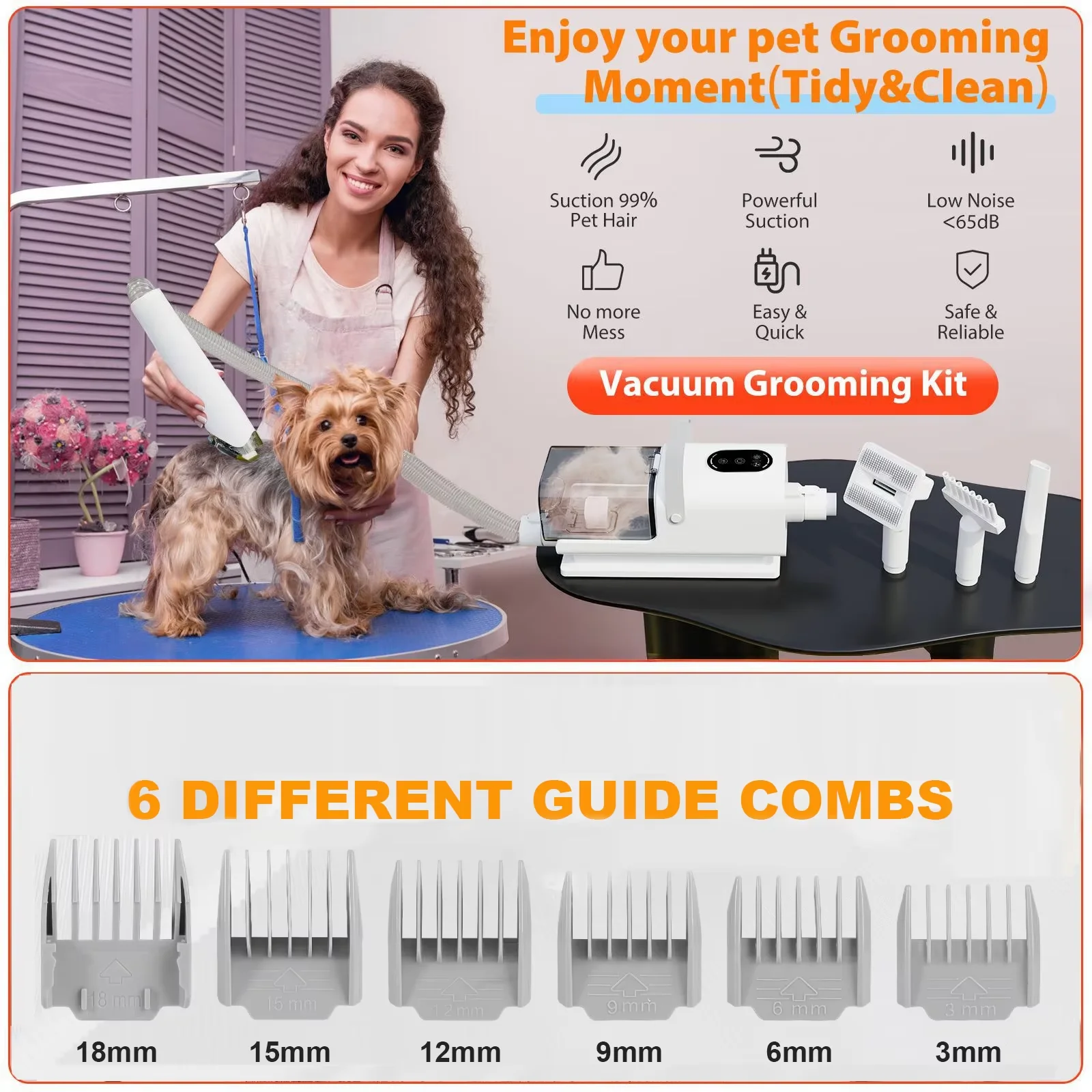Kit de aseo para mascotas: aspiradora para pelo de gato/perro con depósito de 2,2 litros, secador de pelo para mascotas con velocidad y temperatura ajustables, limpiador de pelo para mascotas de bajo nivel de ruido.