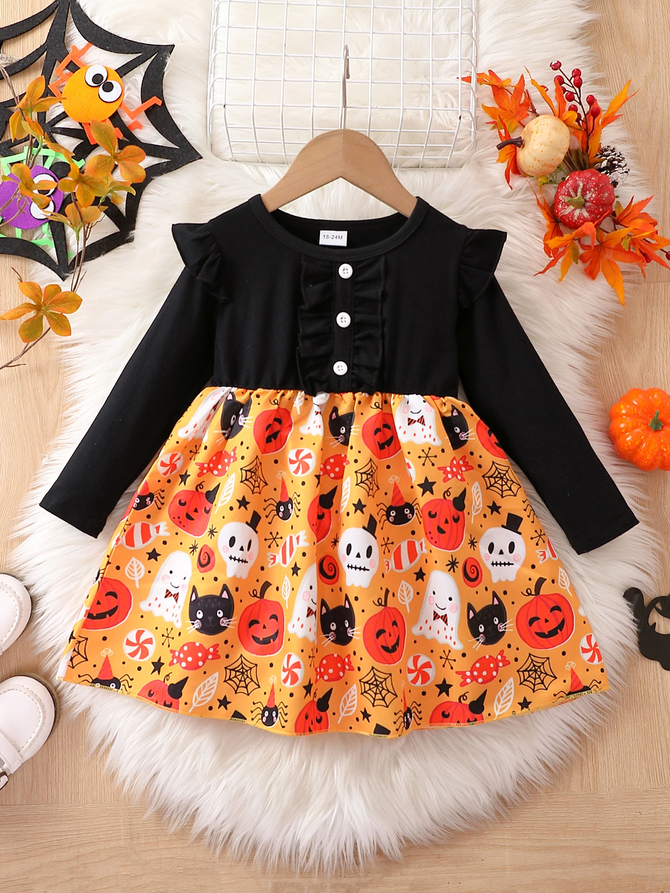 1Pc Toddler Girl Halloween Dress 2026 Fly Ruffle Sleeve Pumpkin Ghost Cat Print, Cute Tutu Princess Outfit for Baby Girls 18M-6T