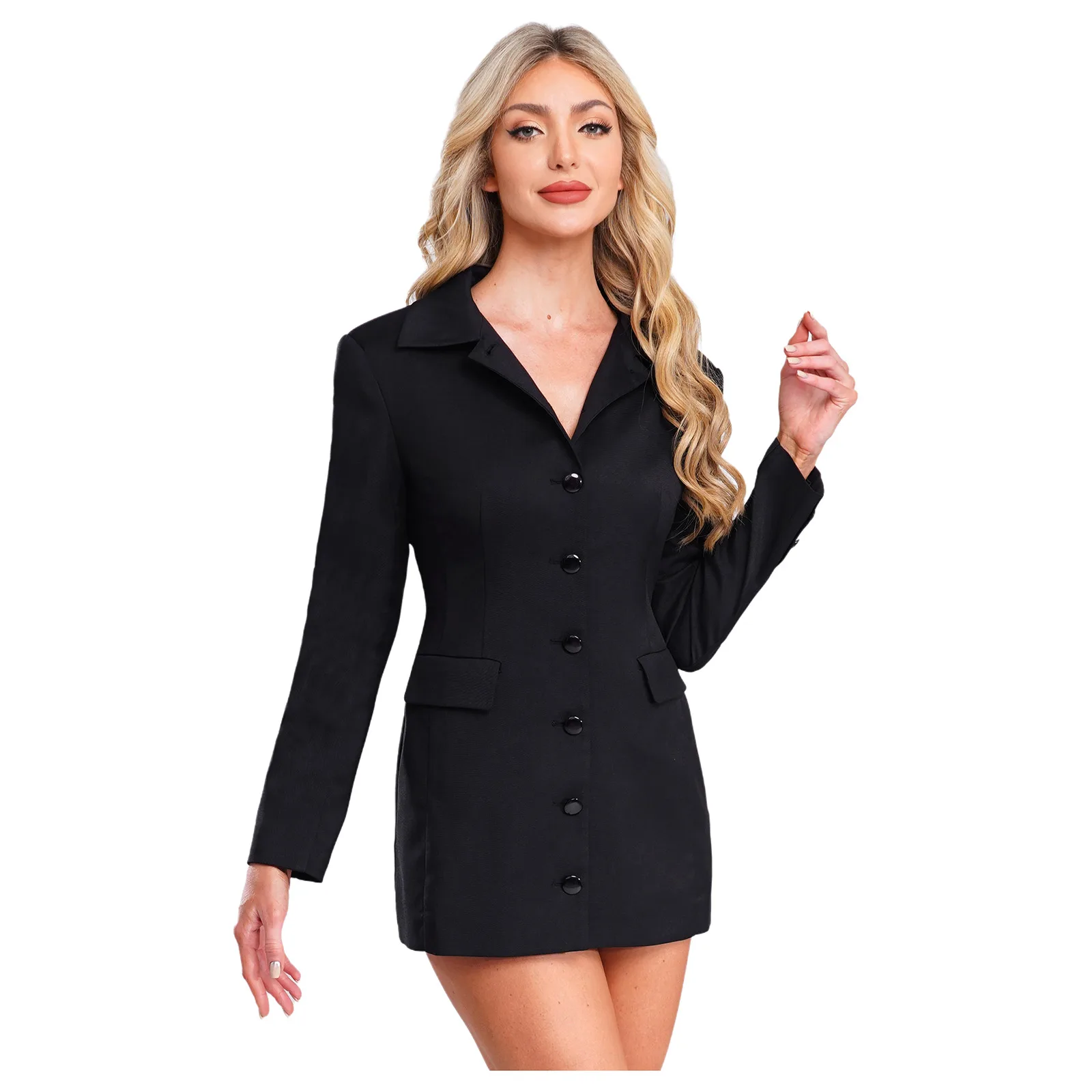Robe de travail d'affaires pour femmes, manches longues, boutonnée, Blazer élégant, revers, Slim, Mini robe de bureau, costumes formels