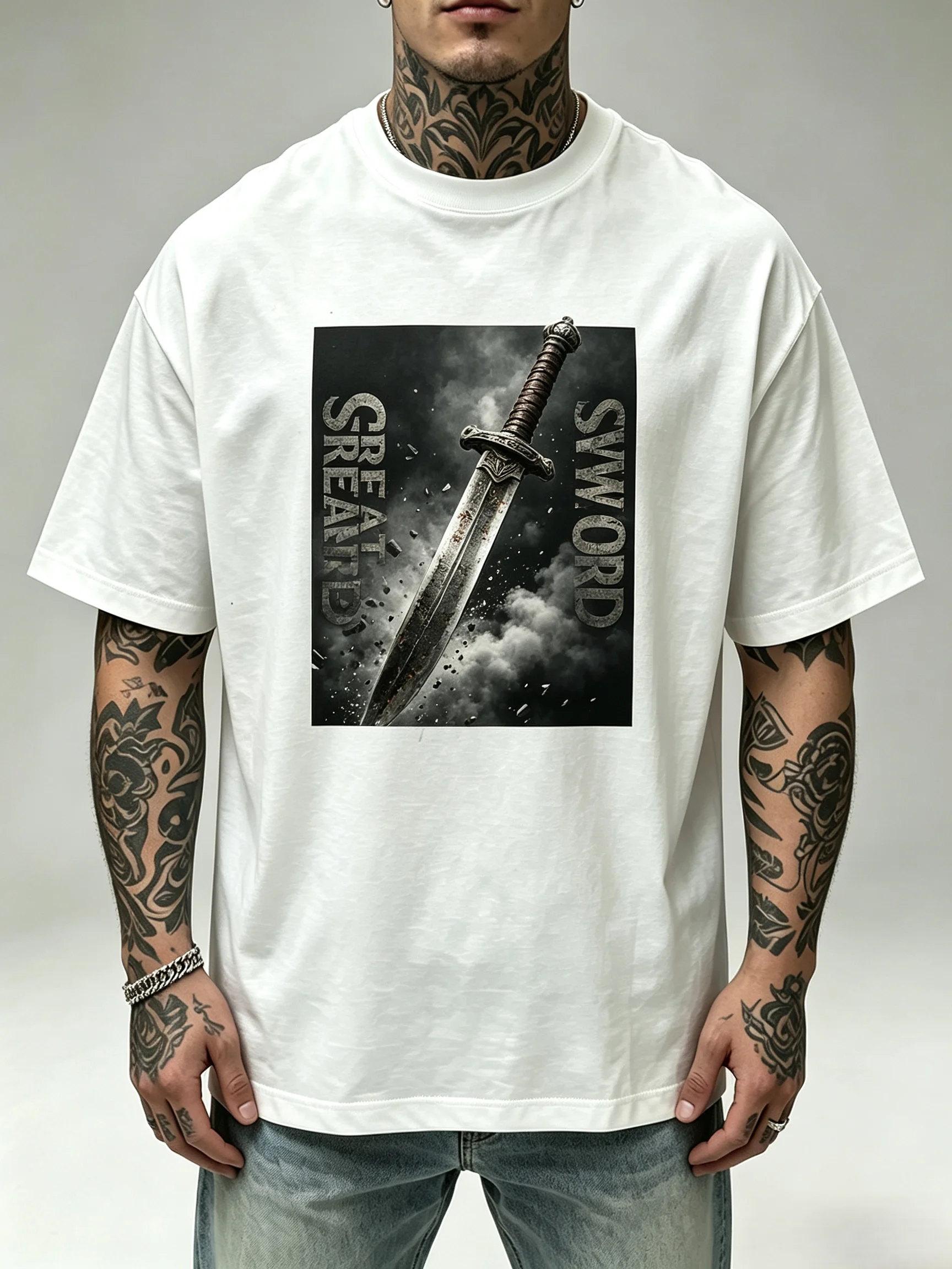 Unisex Great Sword Dark Storm T Shirt Men Women Medieval Warrior Blade Graphic Oversized Short Sleeve T-shirt Retro Streetwear Tops