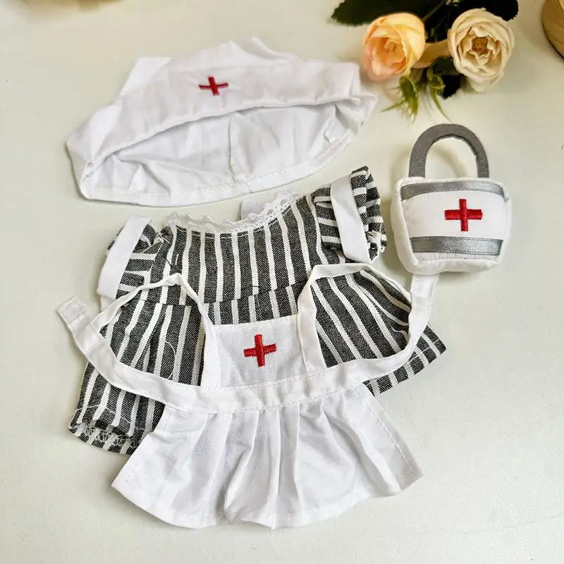 Baby Striped Nurse Suit Set, Roupas apenas para boneca de pato chato, Pequeno pato amarelo