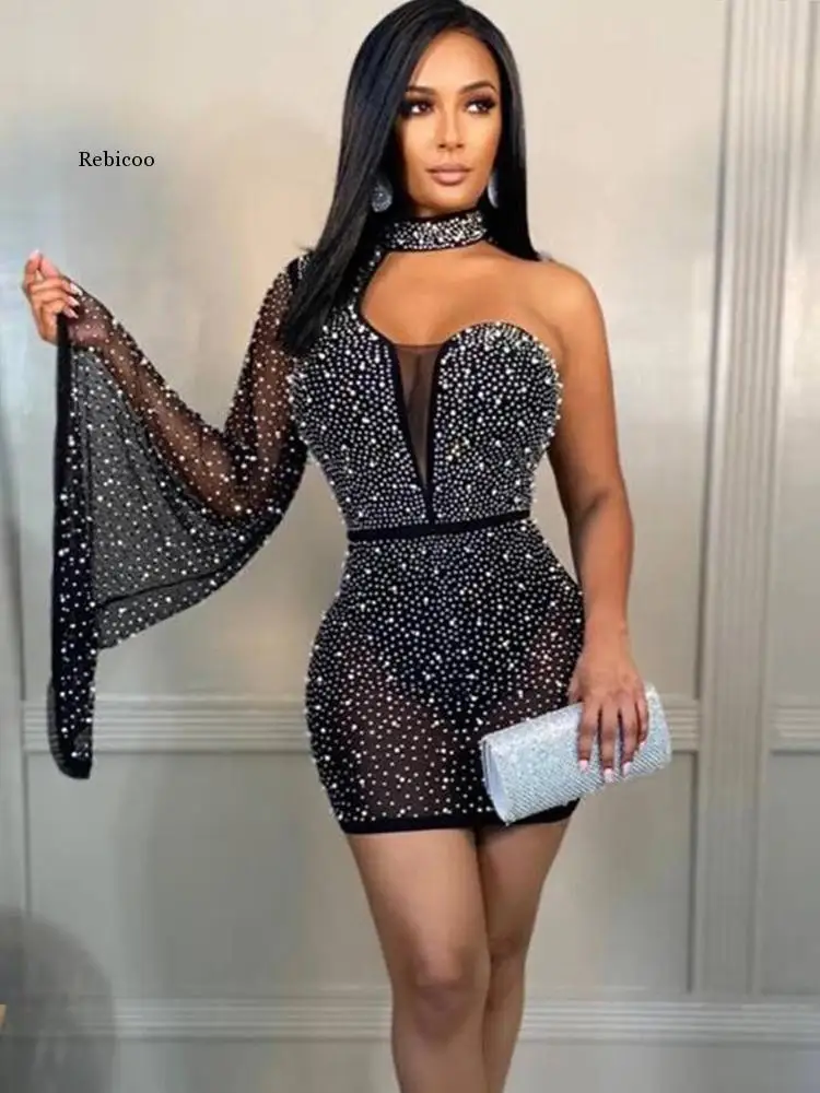 

Rhinestones & Pearls Single Sleeve Mini Dress Womens See-Through Irregular Sequins Birthday Dress Clubwears