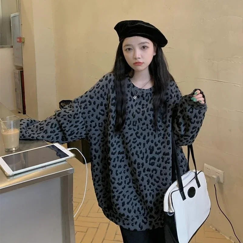 Autumn and Winter Leopard Print Women's Sweatshirts Basic Designer Korean Streetwear Y2k Casual Matching Emo Female Pullover Top