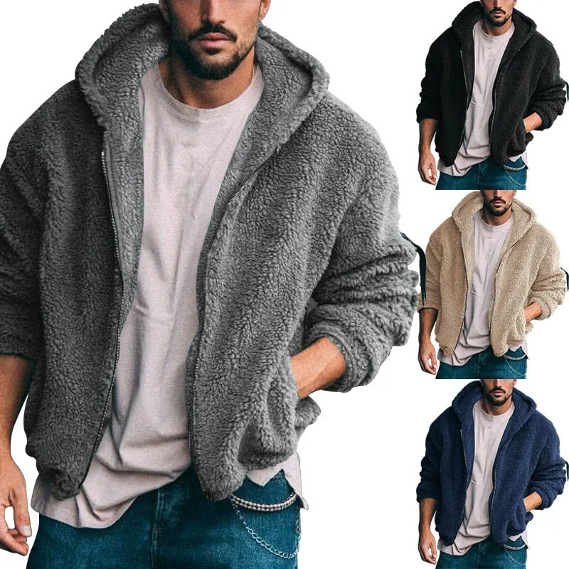 

Winter Double-Sided Fleece Warm Jacket Men Streetwear Loose Zipper Hooded Coats Men's Solid Color with Pockets Short Outwear