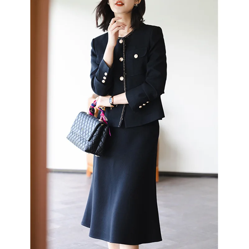 Black Acetate Fiber Blazers Set Autumn Women Luxury Collarless Skirts Suits Xiaoxiangfeng Jacket Suit Button Long Sleeves Coats