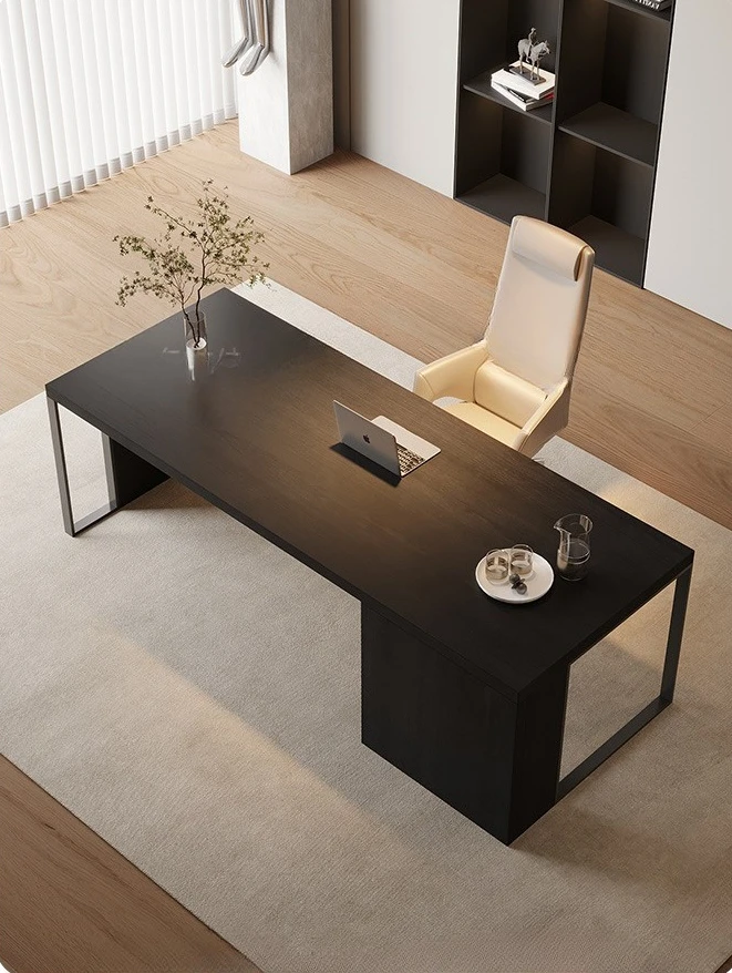 Italian minimalist solid wood desk, black horizontal hall, high-end desk behind sofa, designer creative log