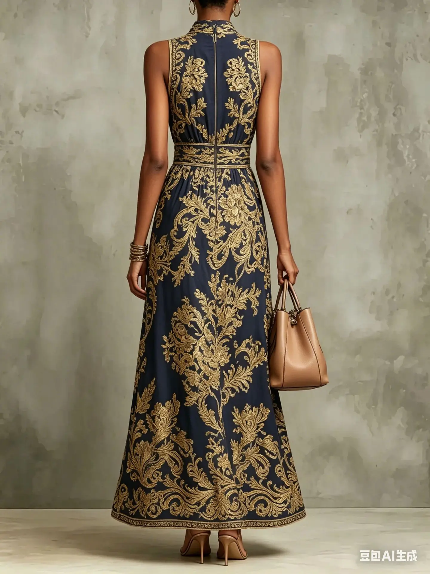 Baroque Print Halter Neck Maxi Dress Sleeveless High Waist A-Line Formal Evening Gown Elegant Vintage Party Dress for Women