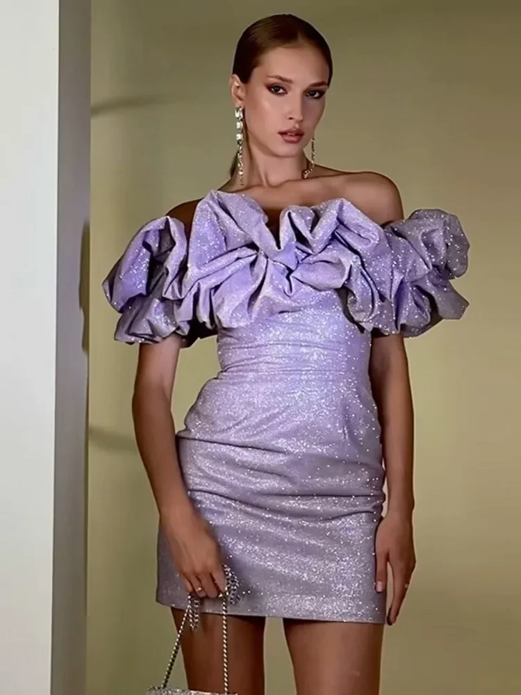 

LANGMAO Sexy Off- Shoulder Sleeveless Sparkling Strapless Mini Dress Women Solid Fashion High Waist Birthday Party Dress New