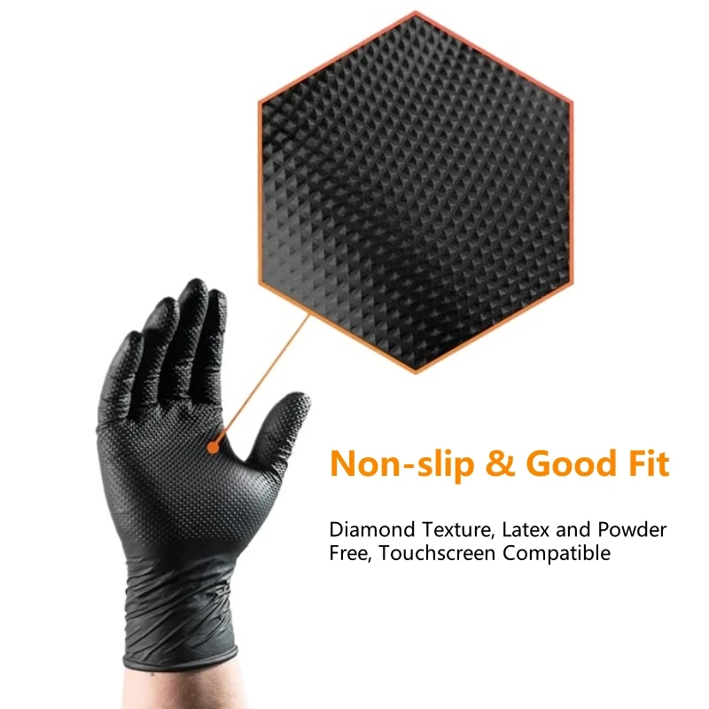 2–100 Stück 8 mm robuste industrielle schwarze Nitrilhandschuhe, erhöhte Diamantstruktur, latexfrei für mechanische Sicherheits- und Arbeitshandschuhe – Detail 13