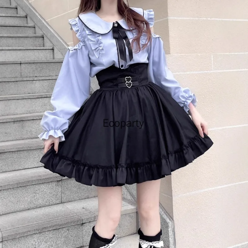 New Sweet Jirai Kei Costume for Women Japanese Lolita Style Long Sleeves Off-shoulder Shirt JK Skirts Girls Darkness Y2K Outfits
