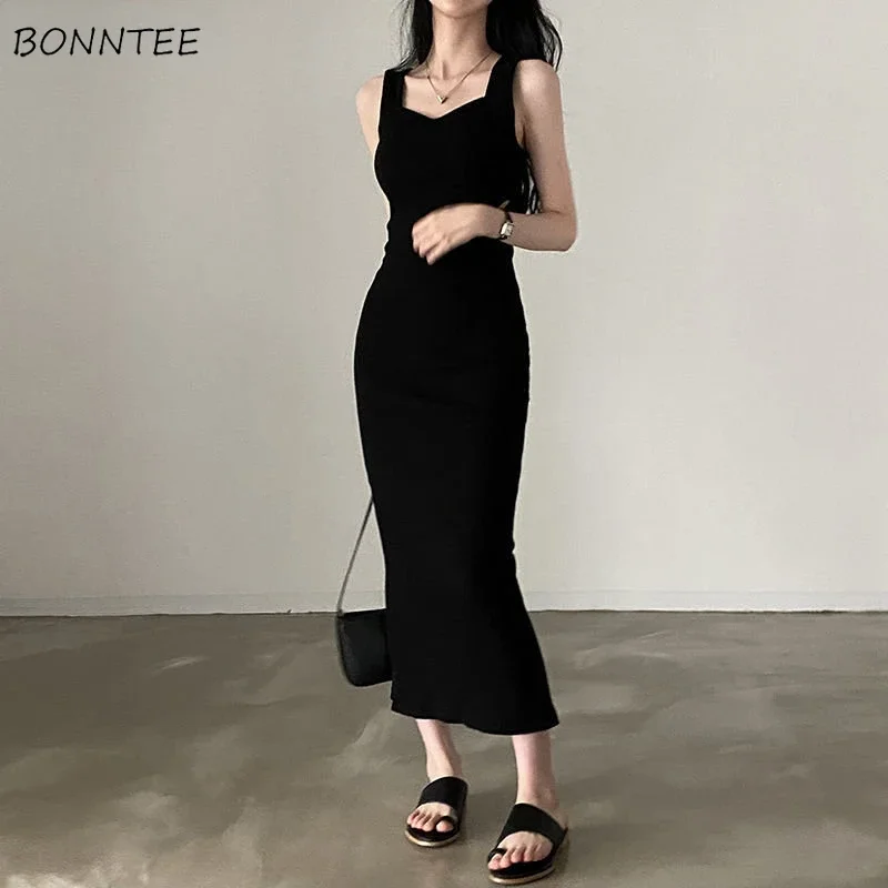 Sleeveless Dresses Women Simple Pure Casual Empire Ladies Slim Sexy Summer Temperament Retro Basic Ulzzang Midi Vestidos Chic