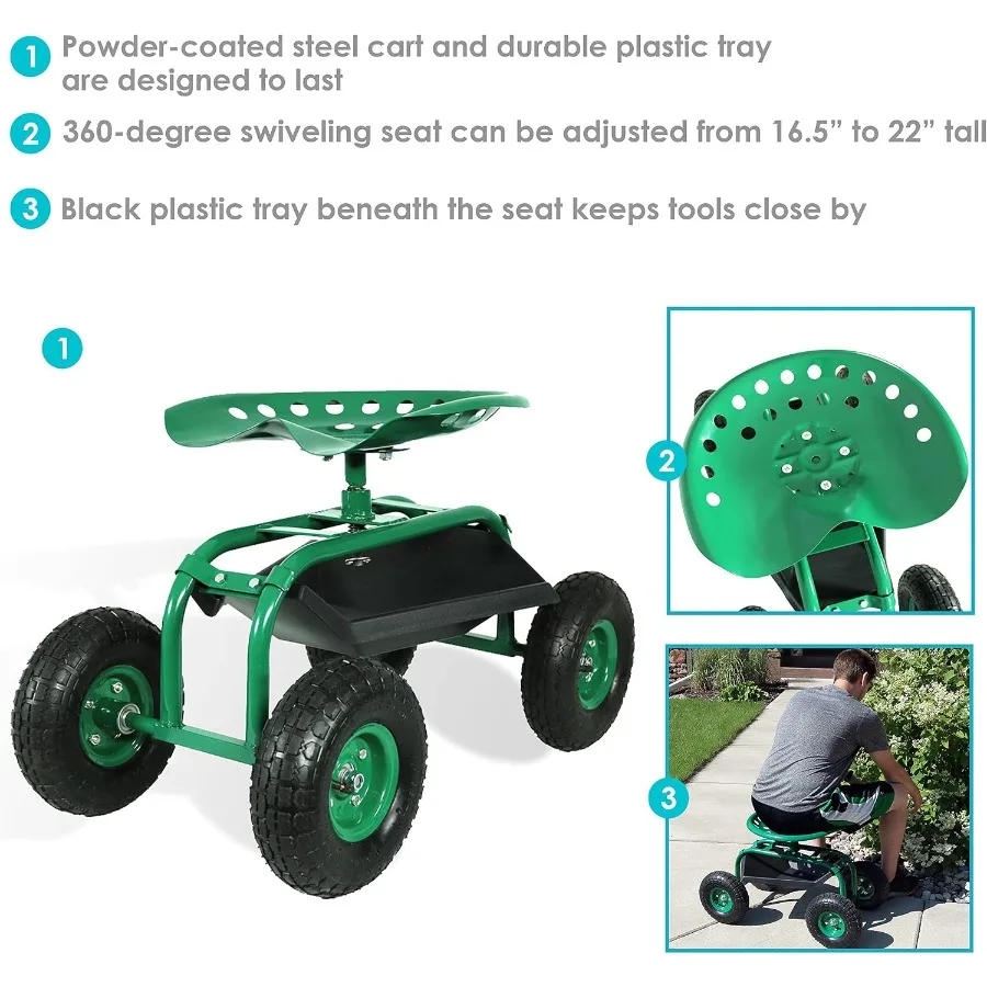 Garden use: steel cart with black finish, 360 swivel seat and under-seat storage for tools and supplies