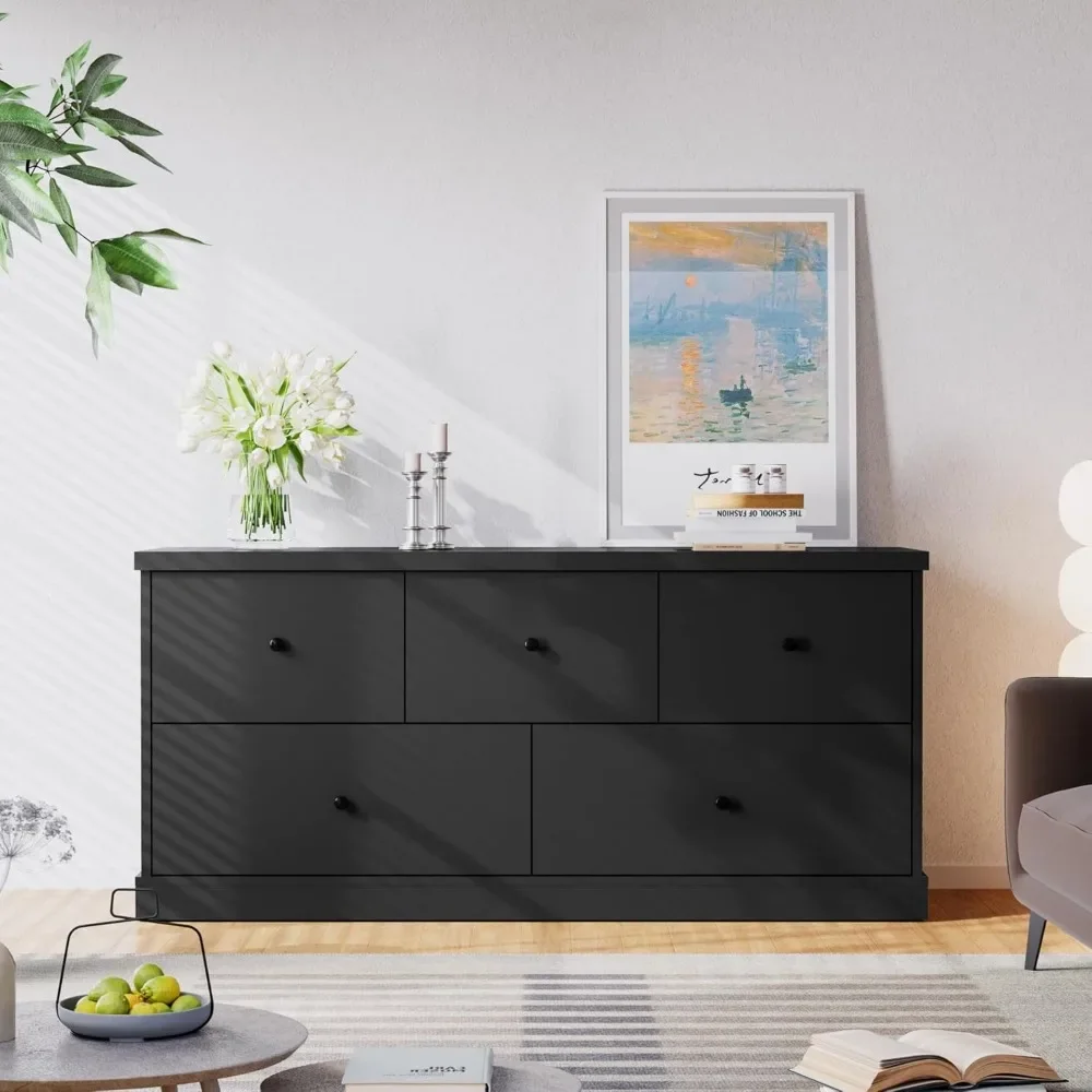 Wooden Dresser For Bedroom, Wide Chest Of Drawers With 5 Drawers, Modern Minimalist Design For Bedroom|
