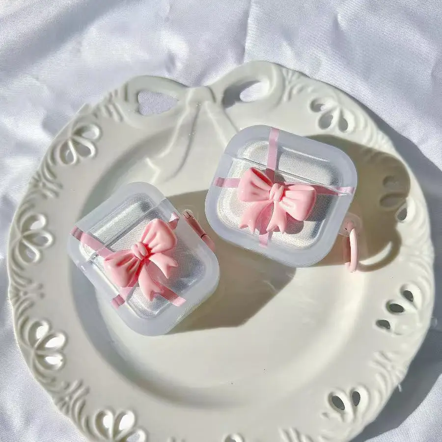 เคสหูฟังสีชมพูรูปโบว์สำหรับ AirPods 4 3 2 1 เคสไร้สายสำหรับ AirPods Pro2 รุ่นเคสหูฟังบลูทูธพร้อมพวงกุญแจ