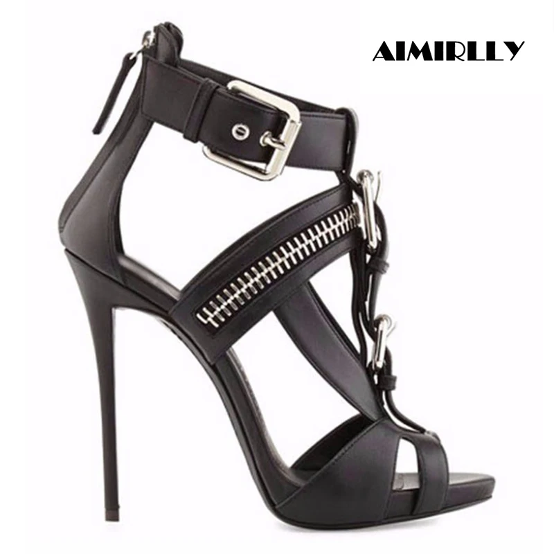 Shoes for Women High Heel Sandals Summer 2024 Trend Metal Zipper Bucke Strap Shoe Ladies Cool Punk Style Customized Heels