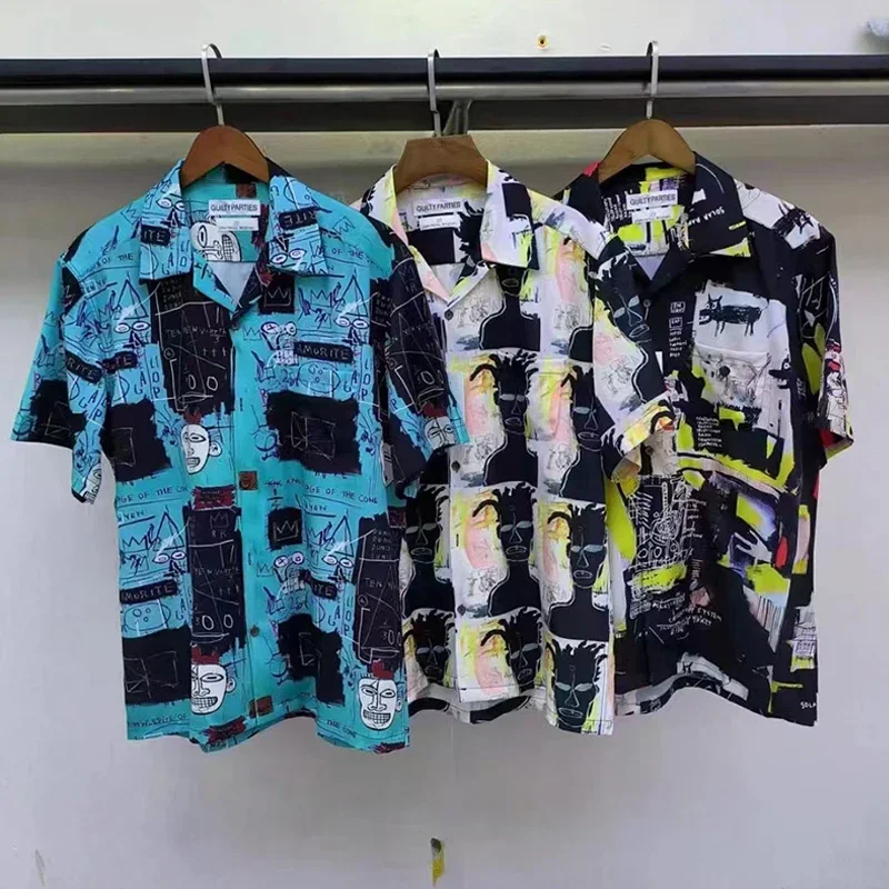 

24ss Summer WACK Hawaii Shirt Men Woman 1:1 Good Quality Loose Casual Graffiti Print Short Sleeve Tops Tee