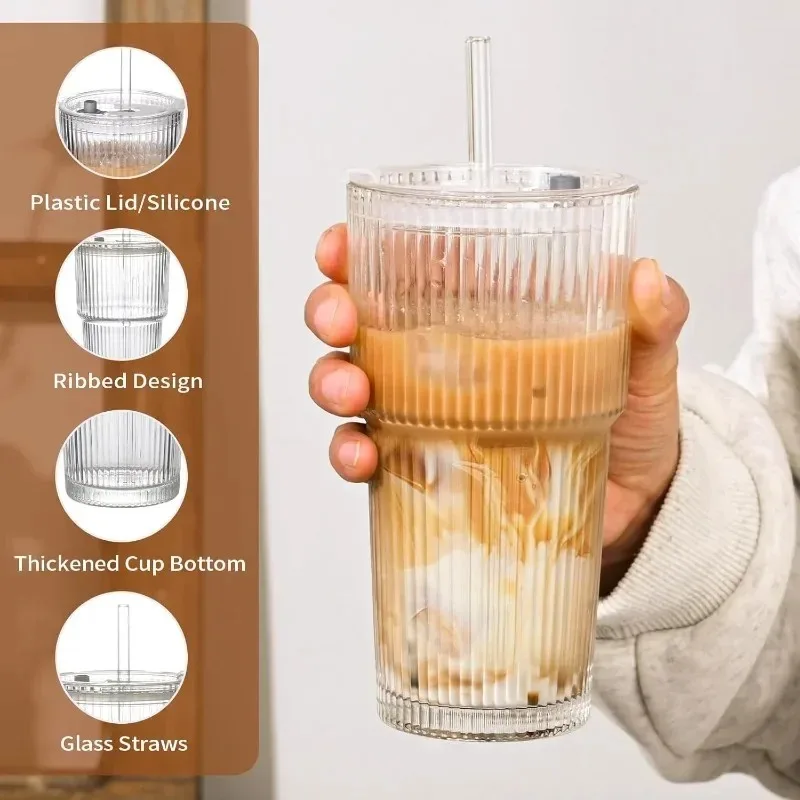 400/600ML Gestreifter Glas-Kaffeebecher Transparenter Trinkbecher mit Deckel und Strohhalm Großer Saft- und Eiskaffeebecher – Detail 11