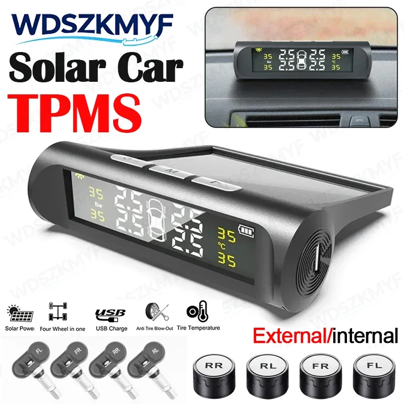TPMS Car Tire Pressure Monitoring System Solar Charging 4 Internal/External Sensor Real-time Display Auto Alarm Car Accessories
