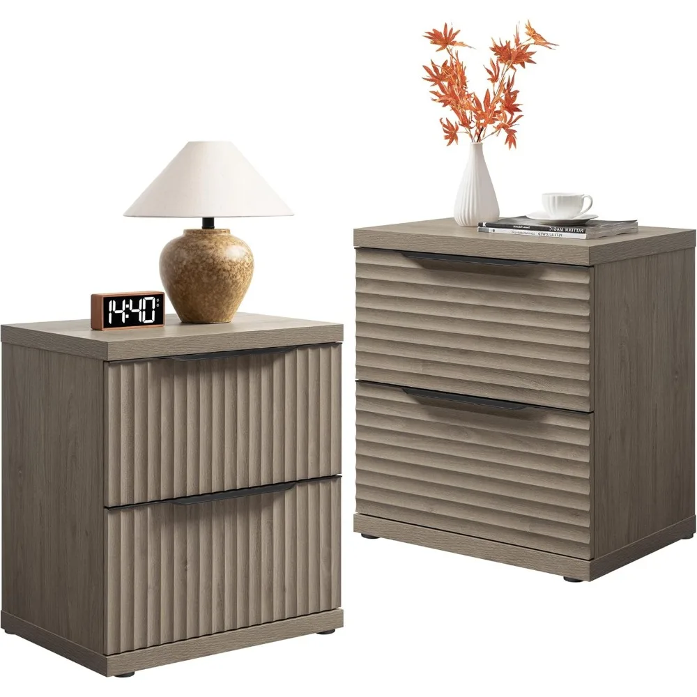 

Night Stand Set 2 Fluted, Large Nightstands with 2 Storage Drawers, Bedside Tables for Bedroom, Nightstands Set of 2, 24.3" Tal