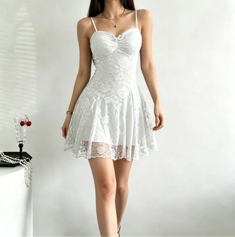Sommerliches Neues Mini-Kleid mit Spaghettiträgern, Rüschen, Korsett, Rückenfreiem Design, Bandage, Spitze, Stufenrock, Rüschenkleid, Club-Party-Sexy-Kleid, Weißes Kleid – Detail 8