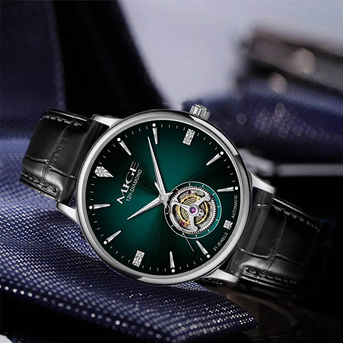 Mige brand green dial hot sale business steel Hollow mechanical watch men movement waterproof luxury fashion automatic watches