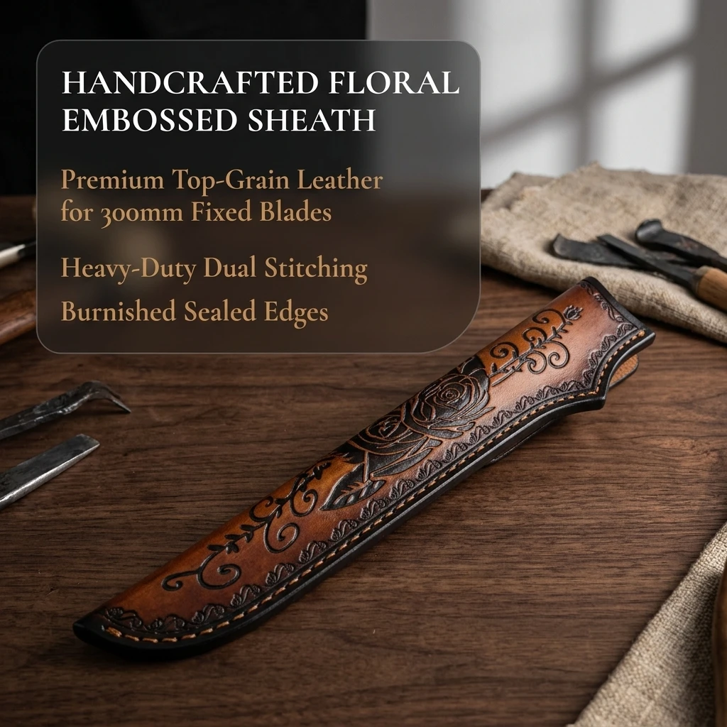 300mm Outdoor Straight Knife Cover Blade Protector Full-Grain Cowhide Fixed Blade Knife Sheath Vintage Embossed Leather Scabbard