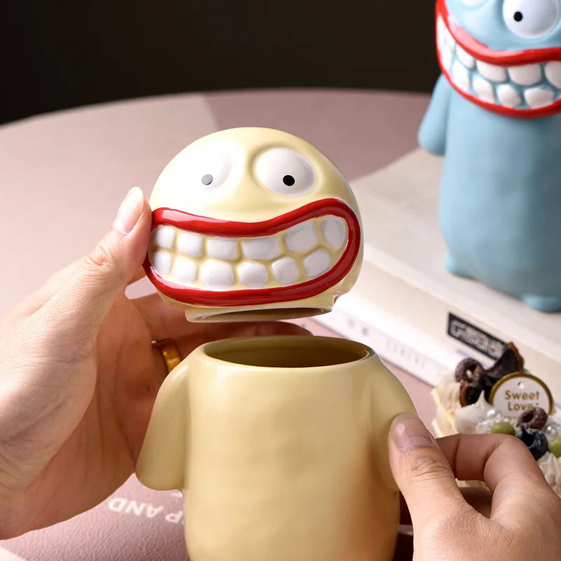 Large Capacity Ceramic Coffee Mug with Lid And Handle - Funny Grin Design Creative Smile Water Cup for Hot Beverages