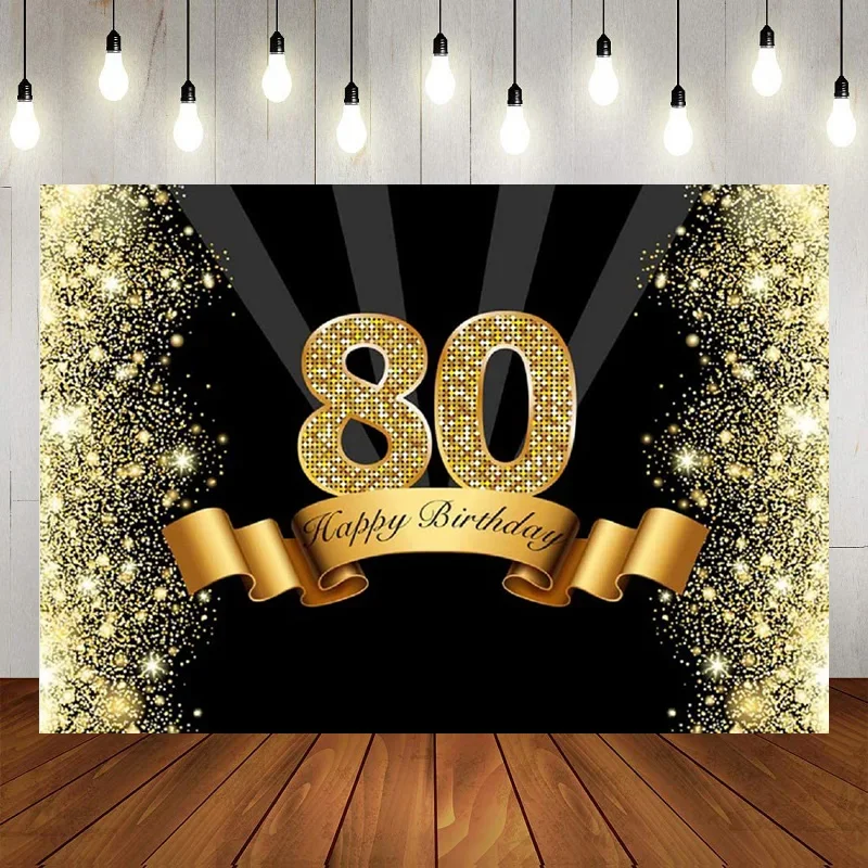 

80th Happy Birthday Background Photography Diamond Gold Crown Balloons Ribbon Sequins Luxurious Backdrop Banner Decor Photo