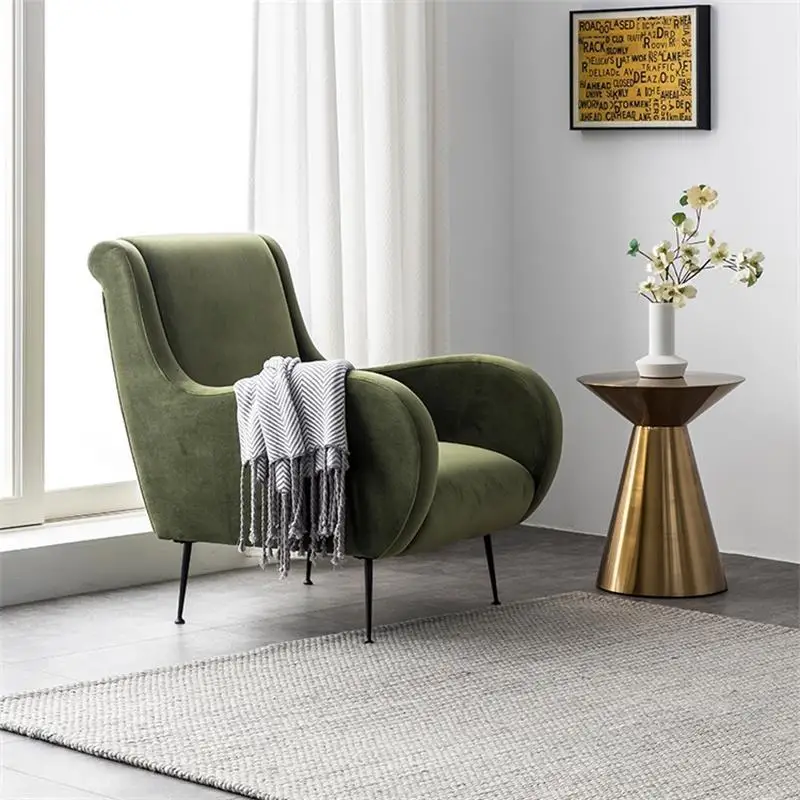 Nordic simple small apartment balcony velvet fabric single sofa chair thousand bird grid lazy bedroom tiger chair solid wood