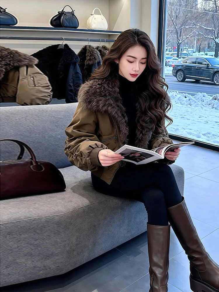 Stylish Brown Short Parka Style down Jacket Women Winter Thickened Large Fur Collar Warm Casual Outerwear Korean Loose Fit