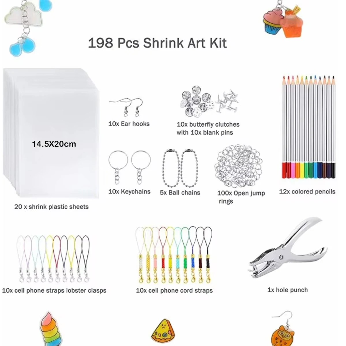 33/145/198Pcs Shrink Plastic Sheet Kits Shrinky Art Film Paper Punch Keychains Earring Pencils DIY Kit for Crafts Accessories