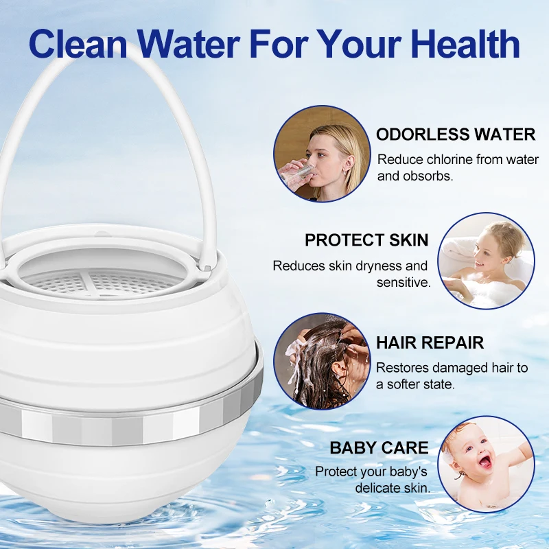 Purificador de agua con filtro de bola de baño, filtración de 8 etapas, portátil, elimina el cloro para una piel y cabello más saludables