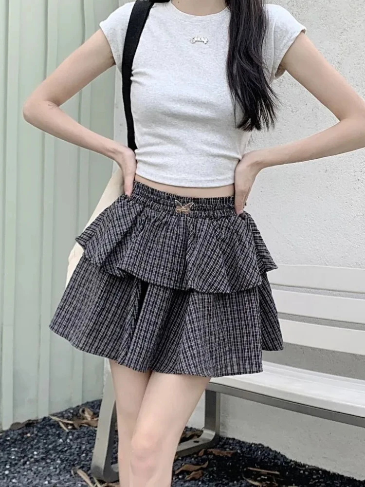 Houzhou Kawaii schwarz karierten Minirock Frauen japanische süße Harajuku Y2k elastische Taille A-Linie lose Rüschen kurzen Rock Lolita