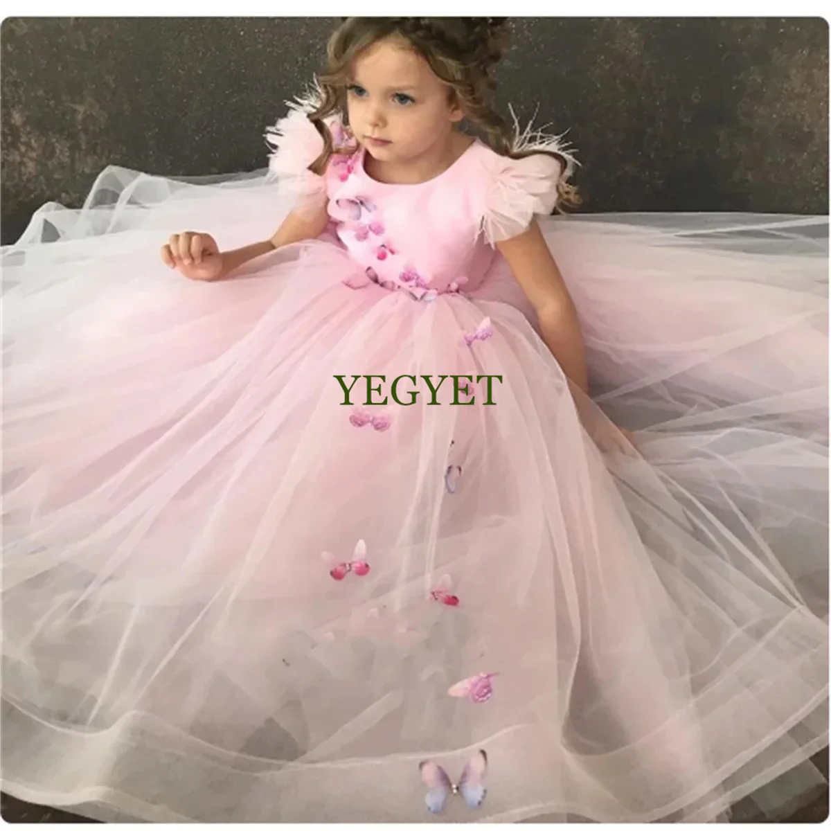 CustomGold Green Flower Girl Dresses Tulle Pearls Butterfly Flowers Short Sleeve For Wedding Birthday Party Banquet Princess Com