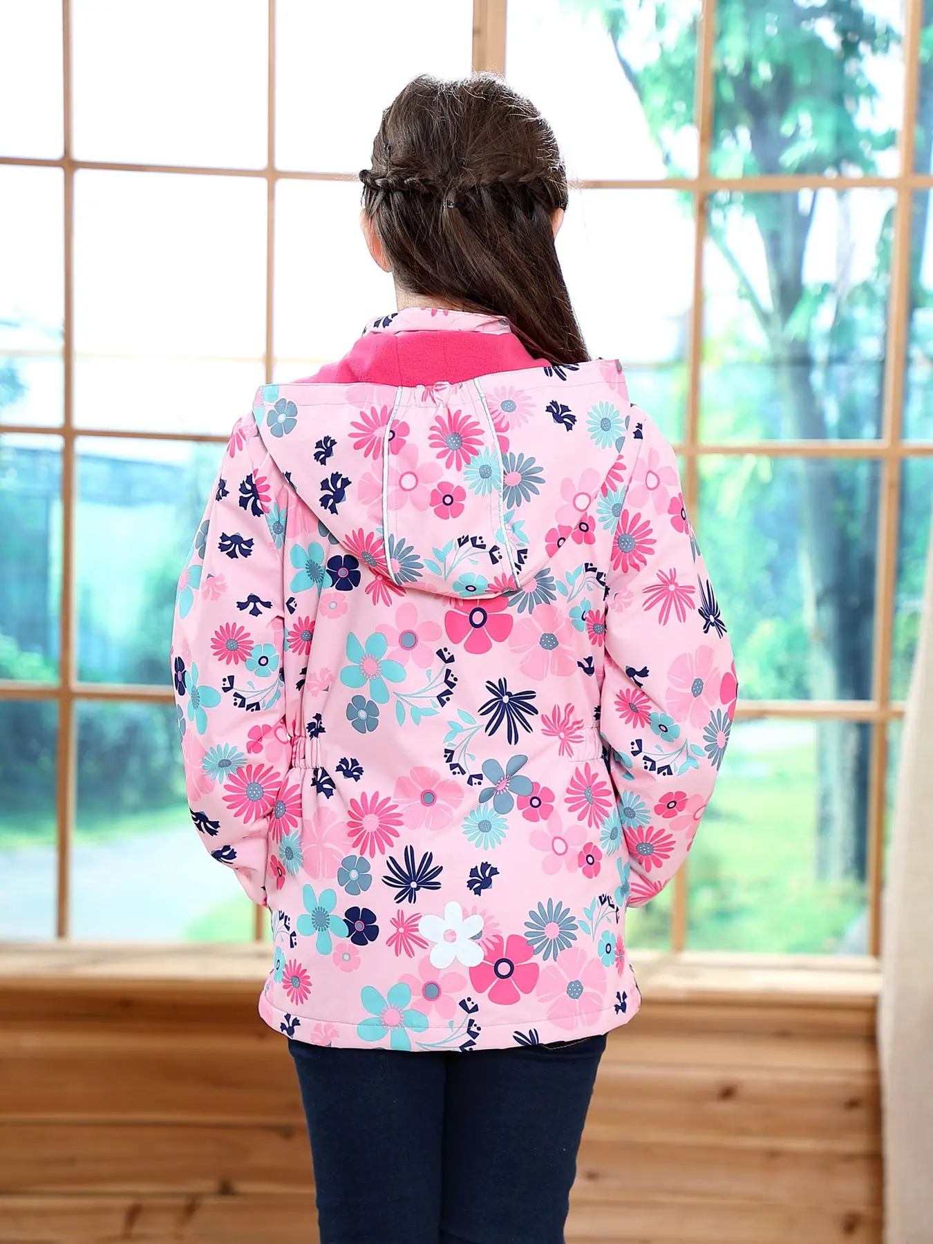 Spring Fall Jackets For Girls, Floral Deer Full Print Thermal Lined Windbreaker Rain Coats With Reflective Details, For Outdoor