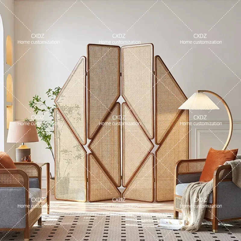 Nordic solid wood rattan screen movable folding partition wall Chinese arc retro living room entrance
