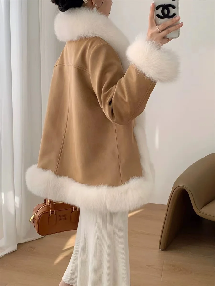 Manteau en fourrure de renard naturel pour jeunes femmes, veste en cuir élégante, manteau en peau de mouton, manteau en duvet de luxe à la mode, hiver 2023