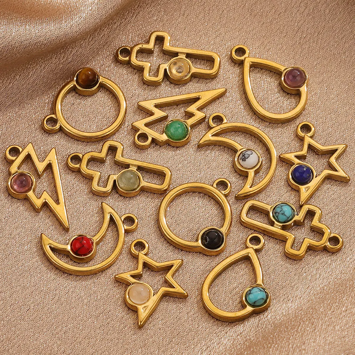 5 Stuks Van Roestvrij Staal Geometrische Waterdichte Pvdgold Plated Charm Set Natuursteen Pendantdiyarmband Ketting Oorbellen Sieraden