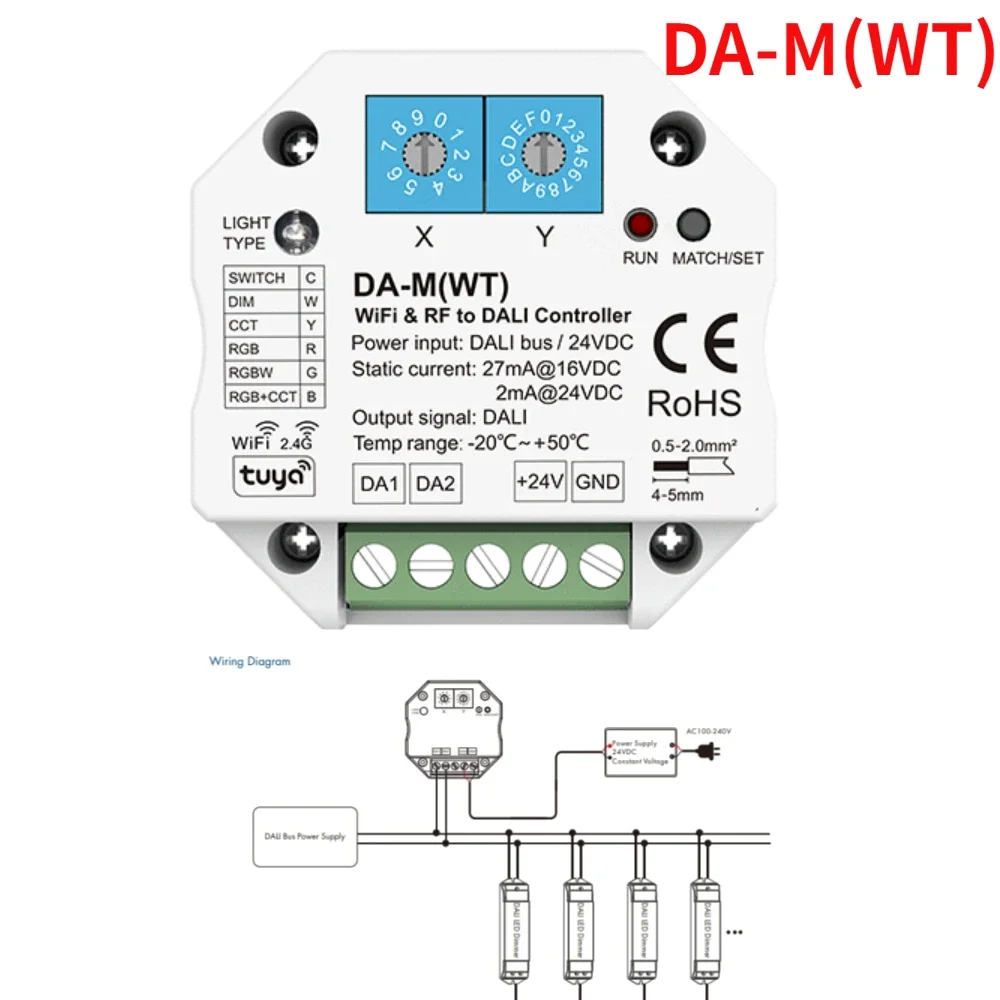 6 in1 DC24V konwerter WiFi i RF do DALI DA-M(WT) kontrola aplikacji Tuya do pojedynczy kolor CCT RGB RGBW RGB + CCT lub przełącznik światła