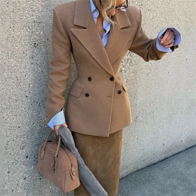 Women's jacket 2026 Spring new double breasted slim fit long sleeved top Wool blend women's suit jacket Women's coat outerwears