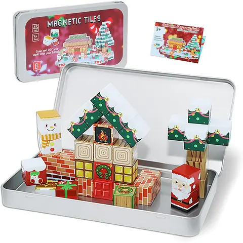 Magnetic Blocks Set 45PC Educational STEM Christmas Travel Building Toys for Kids Portable Magnetic Block with Metal Storage Box