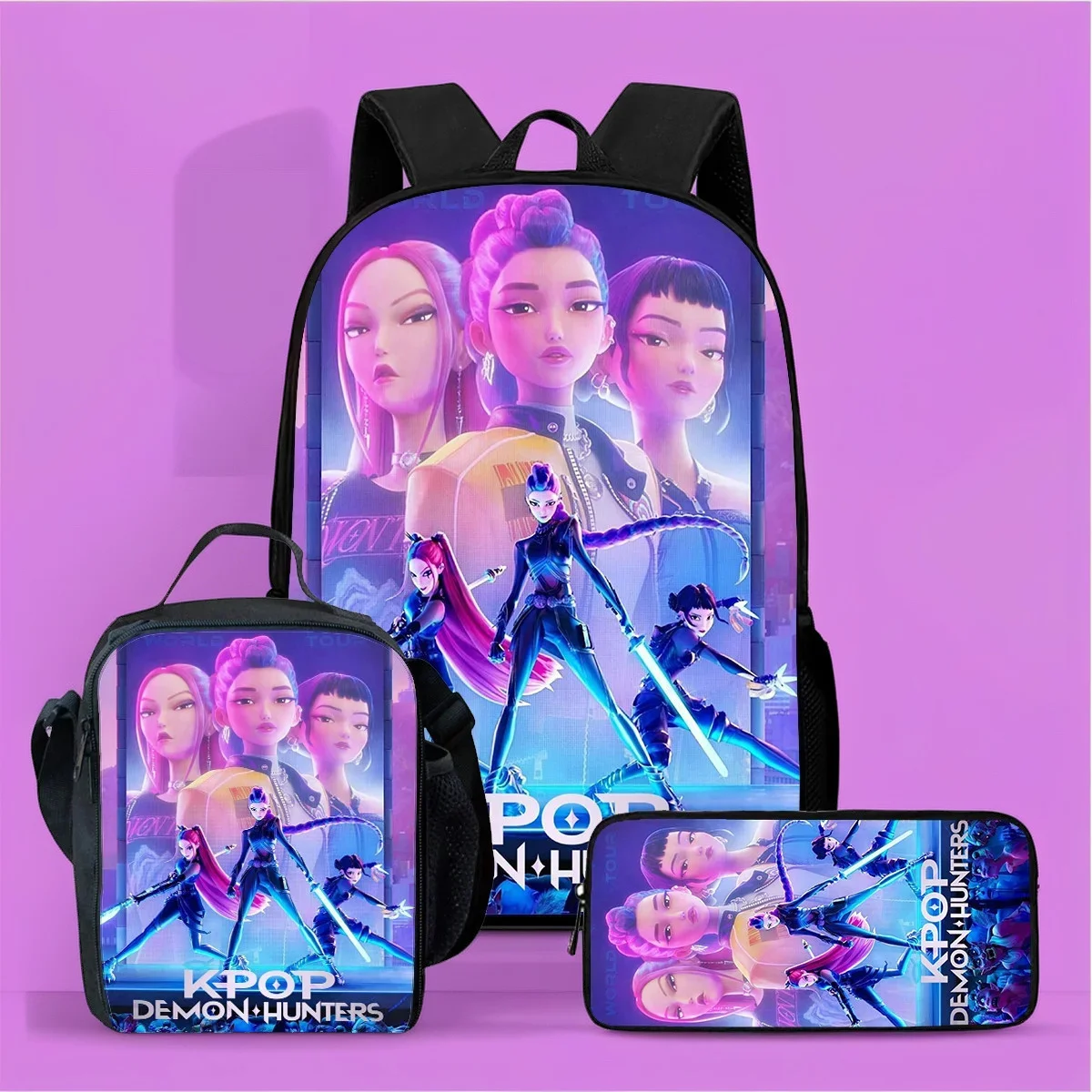 

Huntrix Demon Hunters Kpop школьная сумка набор из 3 предметов рюкзак пенал ланч-бокс для девочек и мальчиков классный рюкзак подарок на вечеринку