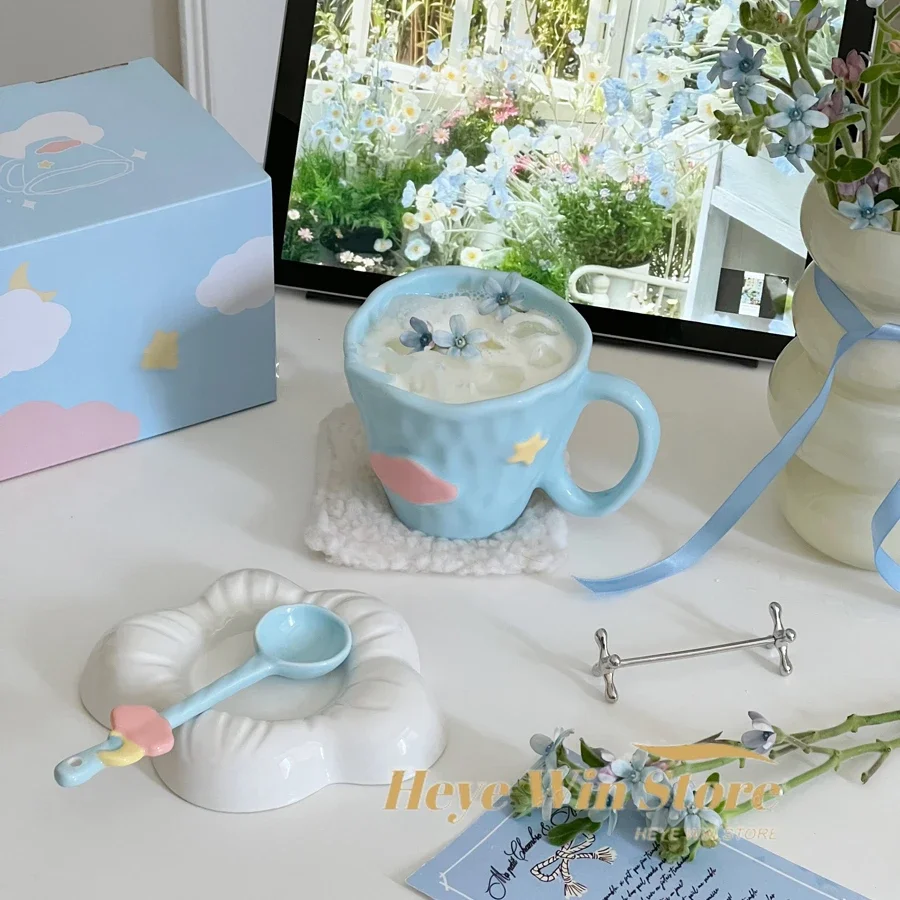 Blue Hand Drawn Cloud Design Ceramic Cup and Dish Set with Spoon High-end Beauty 3D Women's Afternoon Tea Cup Home Use