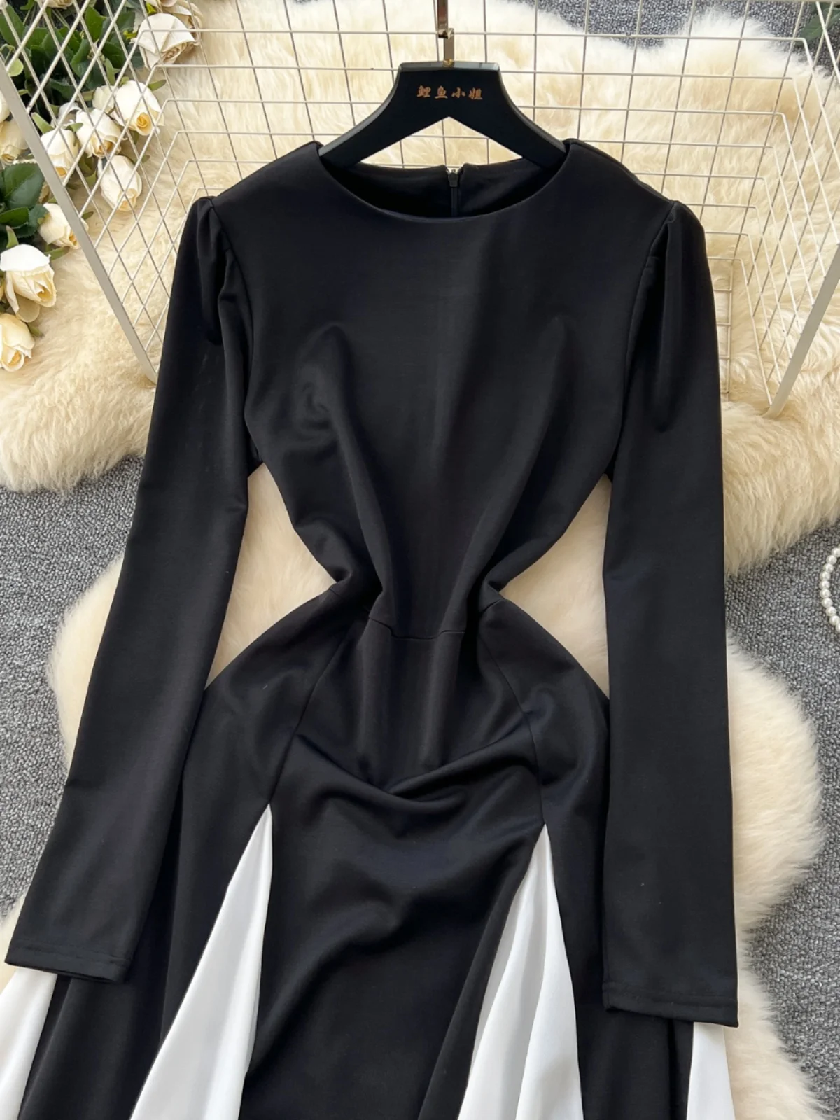 Ele Dames Lange Sve Dr Color Blo Hoge Taille A-lijn Rok Bla Wit Contrast Geplooide Zoom Woon-werkverkeer Koreaanse Sle