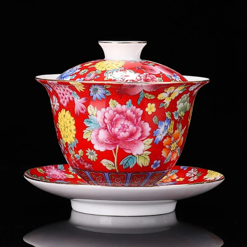 Ceramic Wanhua covered bowl tea set 200ml grilled enamel large Gaiwan Sancai covered bowl palace style tea bowl wholesale