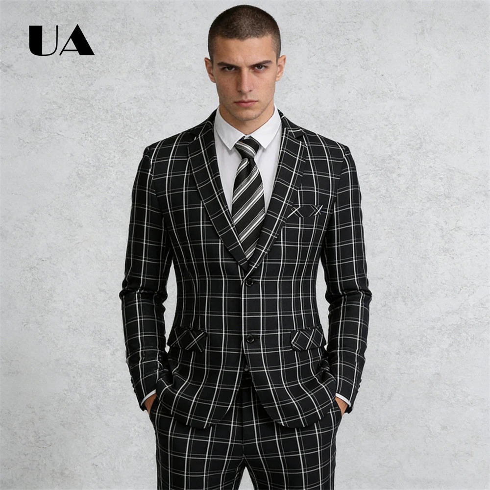 

Retro Checkered Business Suit Set for Men, Notched Lapel 2-Piece Tuxedo Including Jacket Pants Tailored Sizing Suits