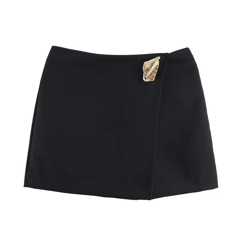 High Waist Asymmetric Metal Decoration Casual Shorts Women's Fashion Autumn New Arrival Straight Leg Pants Ladies' Leisure Wear
