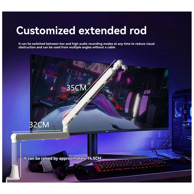 DT21 Adjustable Mic Stand Desk, Heavy Duty Boom with Desk Mount Clamp & Extended Riser, 360° Rotation for Gaming Podcasting