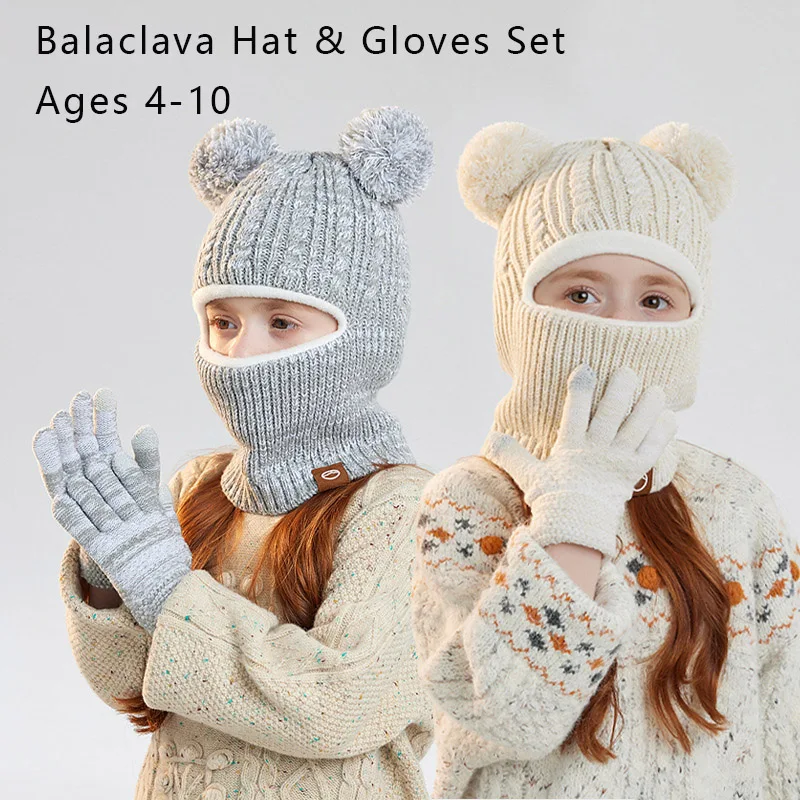 Bear Ear Balaclava Hat & Gloves Set for Kids Thick Fleece Knit Neck Warmer Winter Warm Beanie for Boys Girls Ages 4-10
